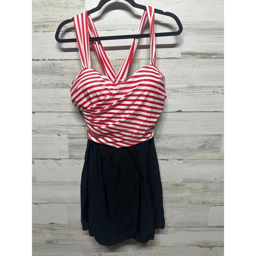 Cocopear Swim Dress Women 2X Red White Black Striped Crossover NWT